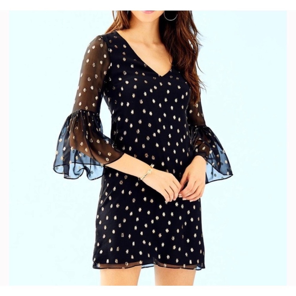 Lilly Pulitzer Caroline Tunic Silk Mini Black Dress Gold Starry Bell Sleeves 6